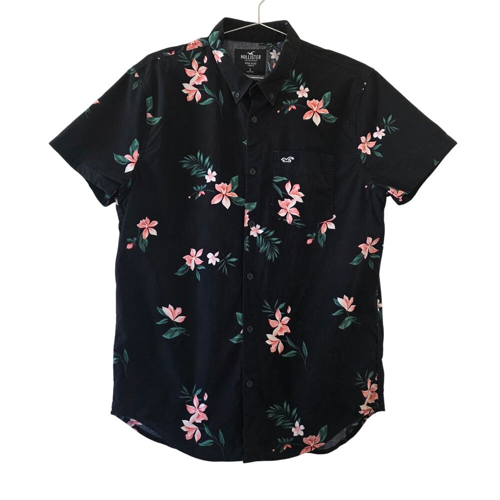 Hollister California Floral Button Up Shirt Black Pink Men Size L Hawaiian